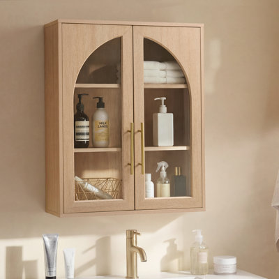 Modern Arched Bathroom Wall Cabinet with Glass Doors, Natural-2PCS