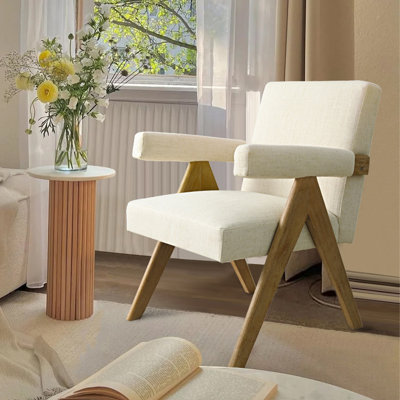 20" Seat Height Linen Upholstered Wood Dining Arm Chair