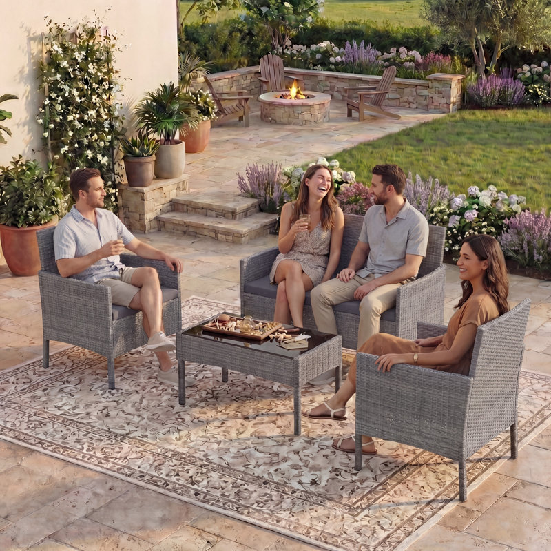 Alarik Rattan 4 - Person Seating Group with Cushions, UKFR Certified, Grey