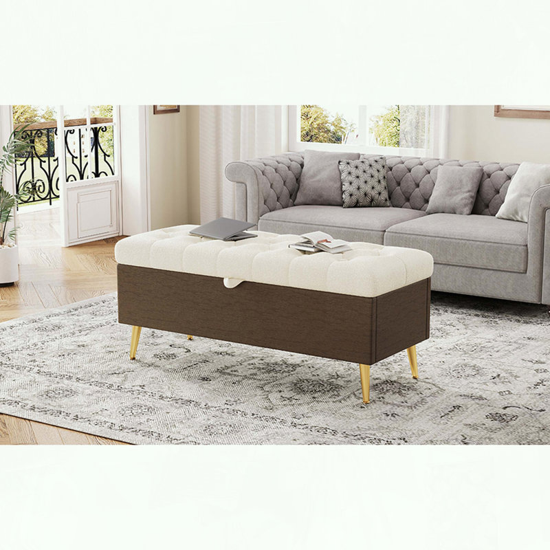 Banc de rangement beige capitonné avec pieds dorés, Beige