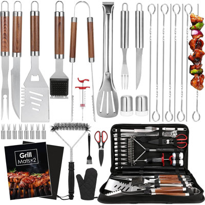 Cadeaux de grillades pour papa pour hommes, ensemble d'accessoires de barbecue en acier inoxydable 34 pièces avec sac de rangement portatif, ensemble complet d'ustensiles de barbecue pour la cour de camping, pendaison de crémaillère de Noël pour la fête des Pères