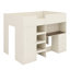 Structure de lit en bois avec garde-robe intégrée, bureau, tablettes de rangement et tiroirs-131273575