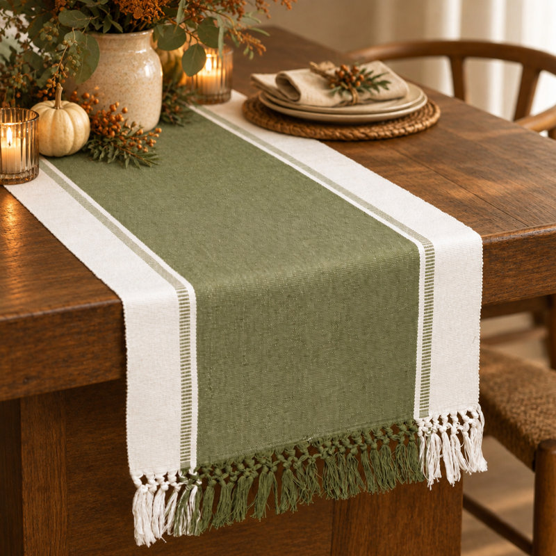 Reed Table Runner, Green/White