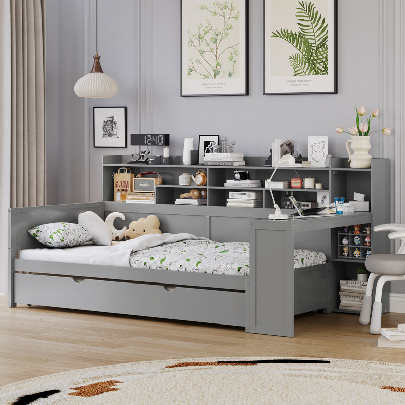  Twin Daybed with Storage Shelves, Multi-Functional Bed with Trundle and Study Desk, Grey, Twin