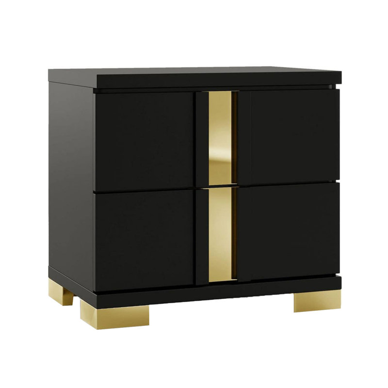 Ensemble de chambre à coucher double, noir et or, ensemble de 3 pièces avec commode et table de chevet, Black, Gold