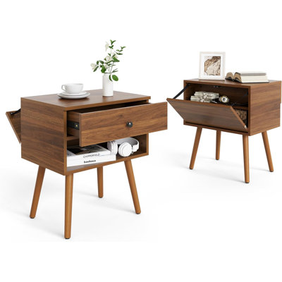 Mid Century Modern Nightstand Set Of 2 With Hidden Compartment, Walnut Finish Bedside Table With Storage Drawer & Solid Wood Legs For Bedroom