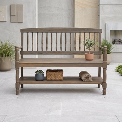 Outdoor Acacia Wood Bench with Storage Shelf and Sturdy Frame, Rustic Entryway and Patio Bench