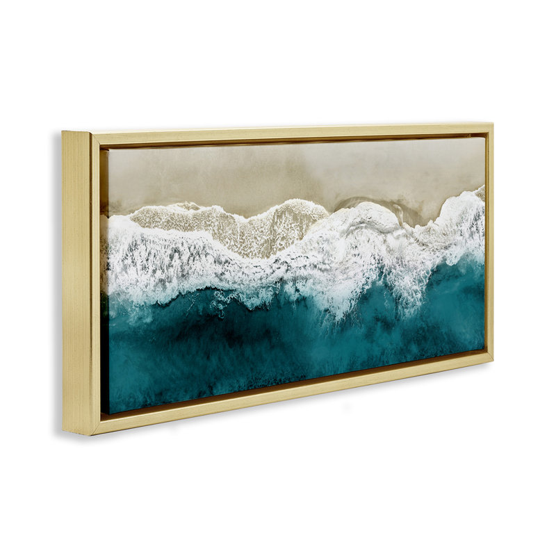 Foamy Beach Coast, océan profond, Cadre flottant métallique doré, H 11 po x l 25 po
