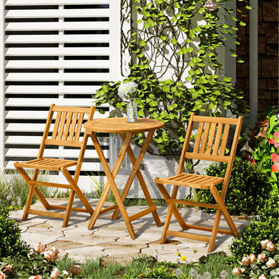Ensemble bistro 3 pièces en bois d'acacia, meubles de patio pliants avec 2 chaises pliantes et table basse ronde, teck, finition à lattes, pour cour, balcon, terrasse, naturel