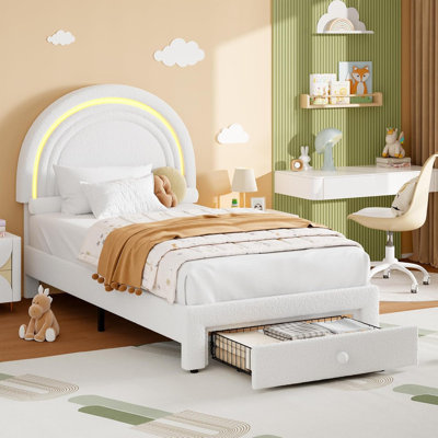 Twin Upholstered LED Bed Frame with Storage Drawer & Rainbow Headboard for Kids