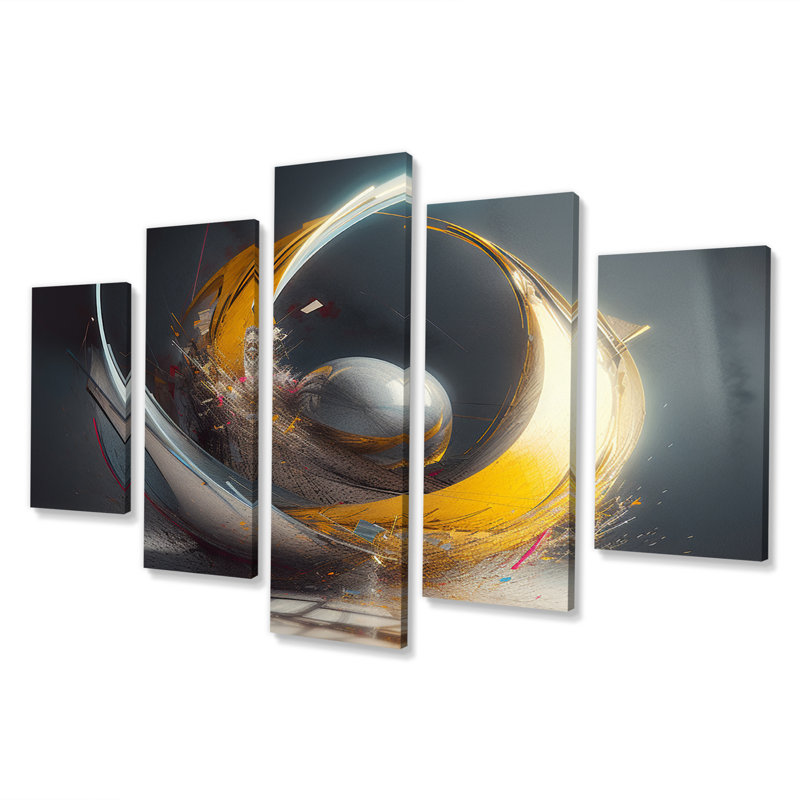 Visionary Divine Dance 3D Wave Sphere II - Décoration murale fractale abstraite - 5 panneaux