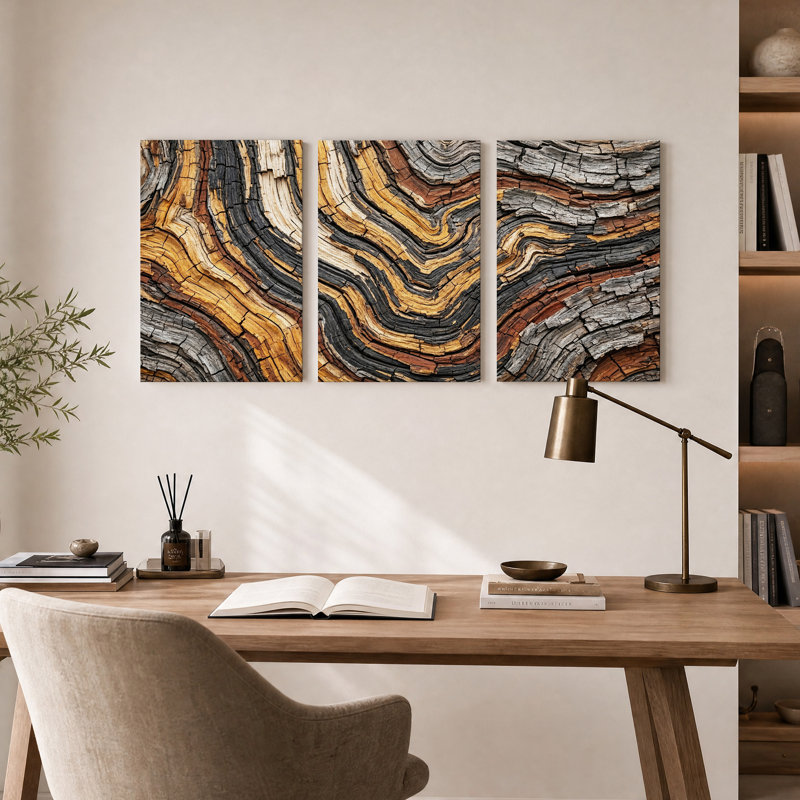 "Wavy" brun et noir, texture de grain de bois noir, ensemble de 3 toiles, H 30 po x l 20 po x 3 pièces