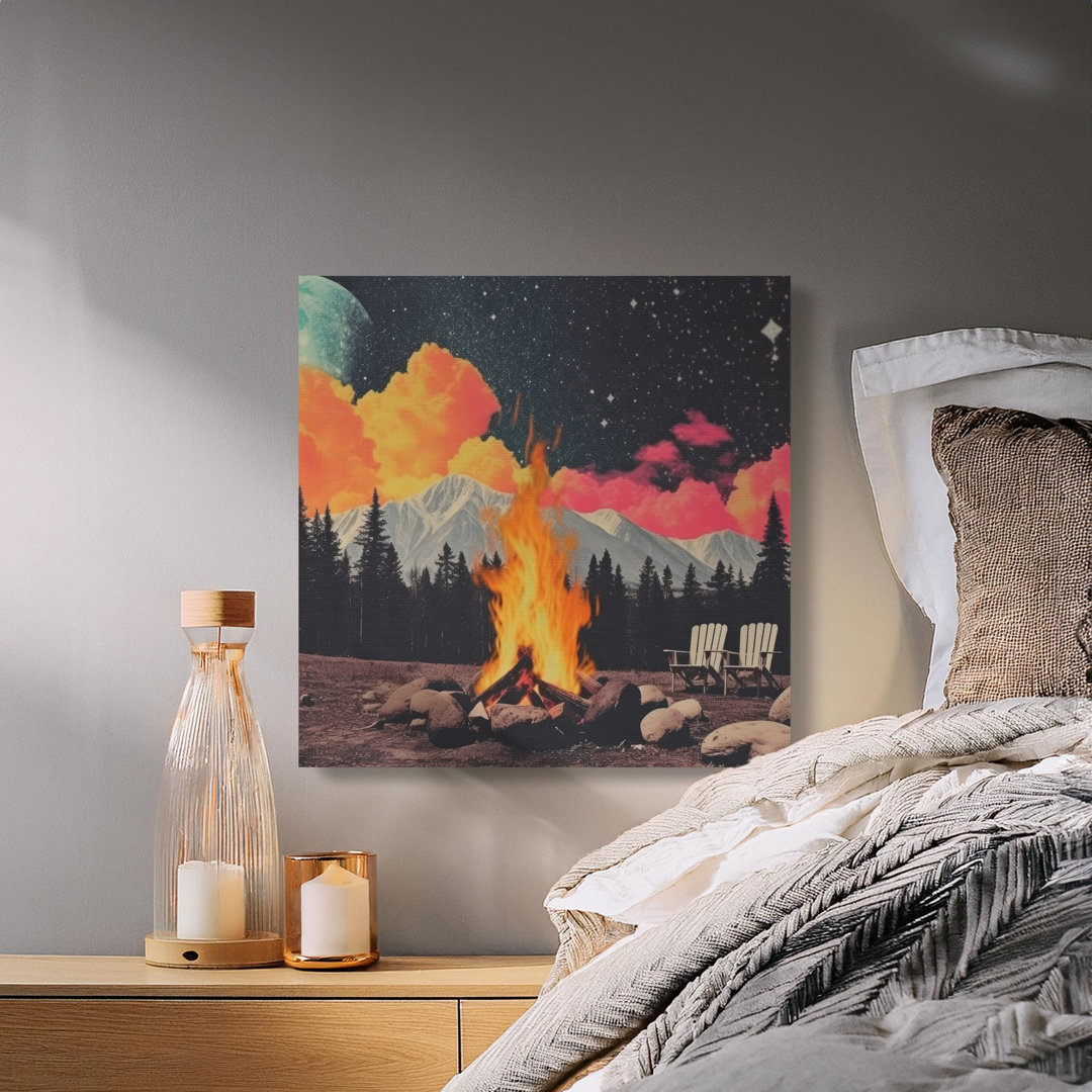 Campfire Canvas Wall Art, Moonlit Night Scene, Gallery Wrapped Print, Modern Decor, Ready to Hang, Archival Quality, Statement Piece
