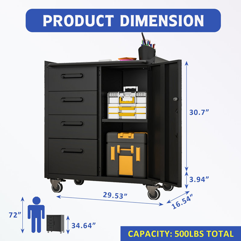 Metal Storage Cabinet with Wheels and four drawers