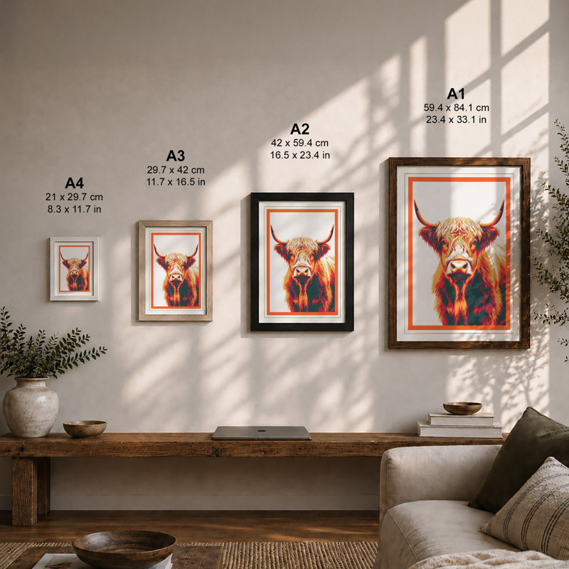 Highland Cattle Gaze Boho - Framed Print, A4 - 29.7 x 21.0 cm, Black