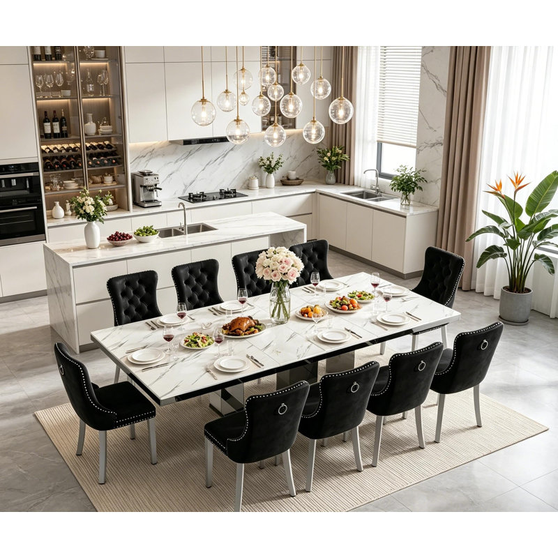 Ensemble de salle à manger extensible 11 pièces en faux marbre (63" à 95") avec 10 chaises rembourrées et grande table de cuisine extensible à piètement argenté miroir.