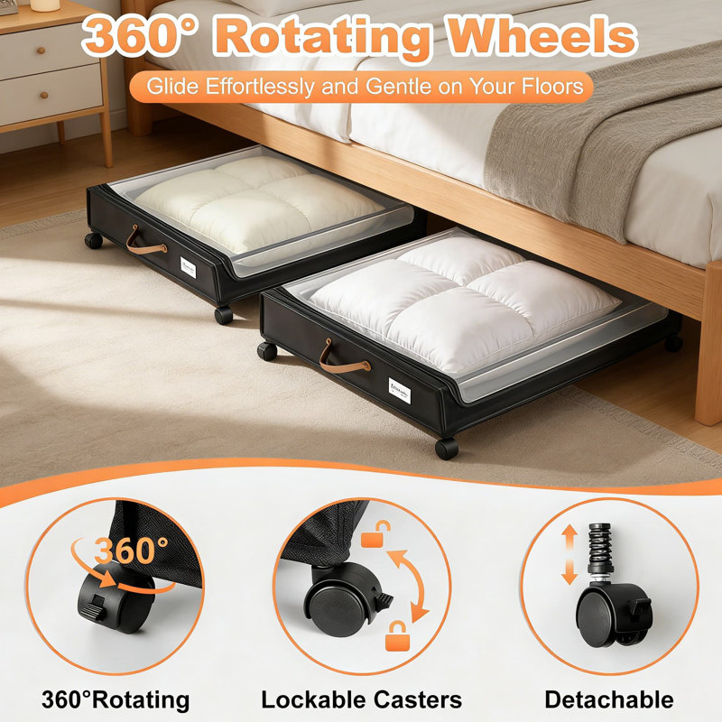 Under Bed Storage Containers With Wheels, 2-Pack XXL Rolling Storage Bins With Clear Lid And Lockable Wheels For Clothes, Shoes, And Seasonal Items