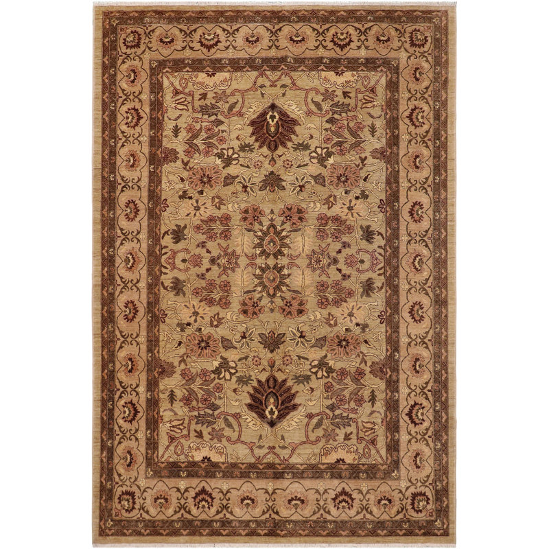 Tapis brun / beige / rose à motif oriental en laine noué à la main 9 pi 4 po x 12 pi 2 po Grigori