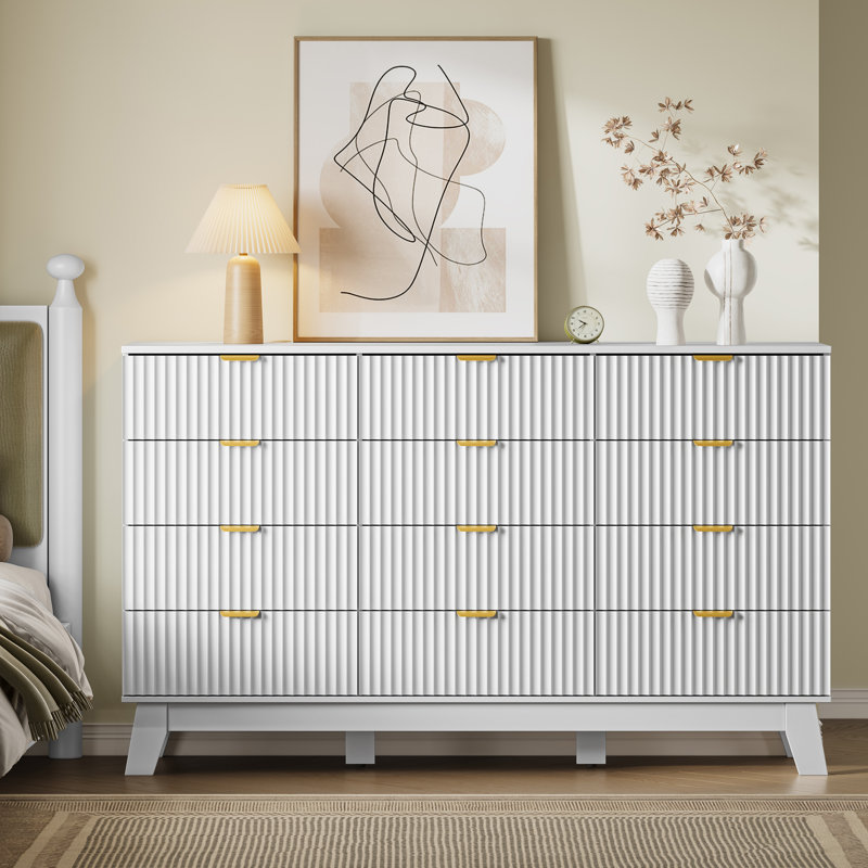 Commode cannelée à 12 tiroirs pour chambre à coucher, commode de 57 po de largeur avec poignée en métal, pieds de table robustes, grande commode de rangement pour le salon