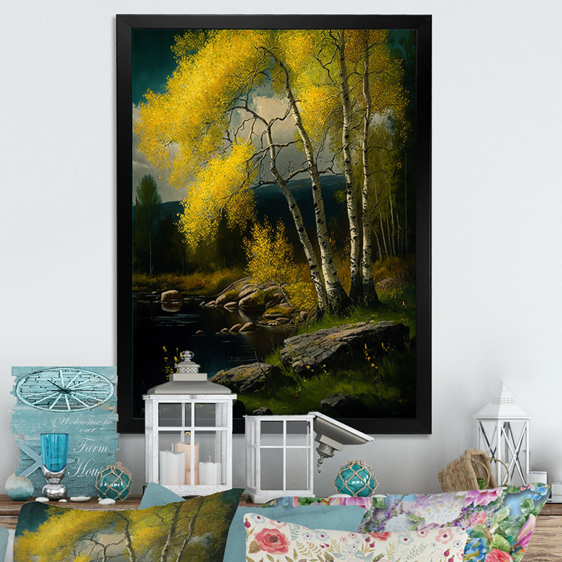 «Yellow Birches By The Riverside III», reproduction sur toile, Toile avec cadre photo noir, H 20 po x l 12 po x P 1 po