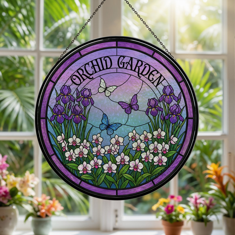 Vitrail de jardin en verre coloré orchidée H 7,8 ", H 7,8 po x l 7,8 po