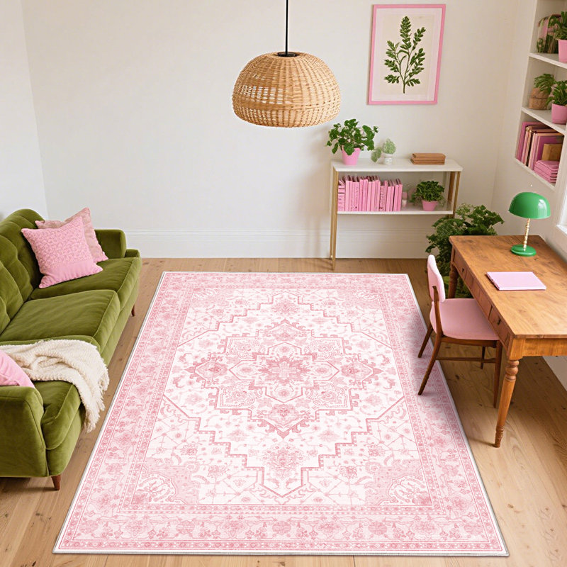 5x7 Bohemian Area Rug for Living Room, Pink Low Pile Throw Rugs with Rubber Backing, Performance Rug for Bedroom, Dining Room, Modern Rug for Home Decor, Washable Indoor Outdoor Rugs, Ideal For High Traffic Areas