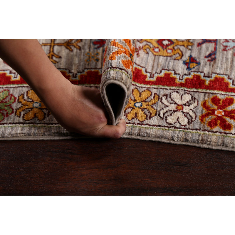 Tapis beige en laine noué à la main de conception unique 6 pi 9 po x 9 pi 10 po