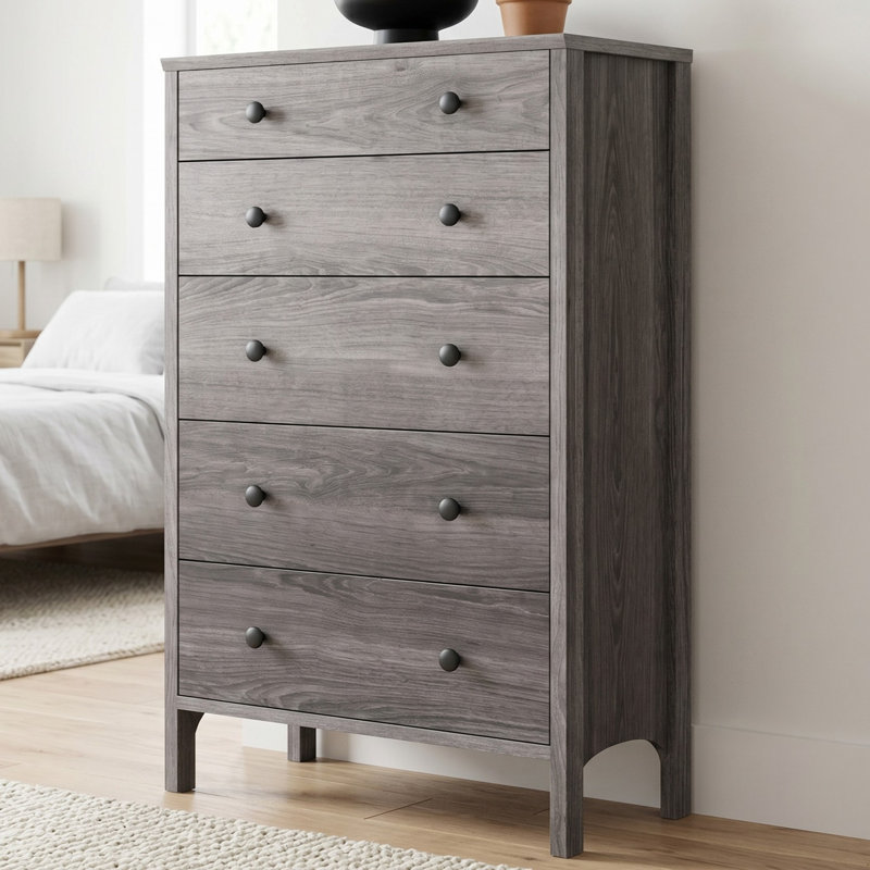 Commode haute 5 tiroirs style Shaker, Grain de bois gris