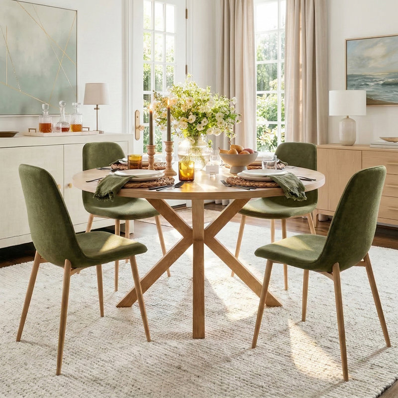 Cleckley 4 - Person Dining Table Sets With 39.4'' Round Table & 4 Upholstered Fabric Chairs, Green