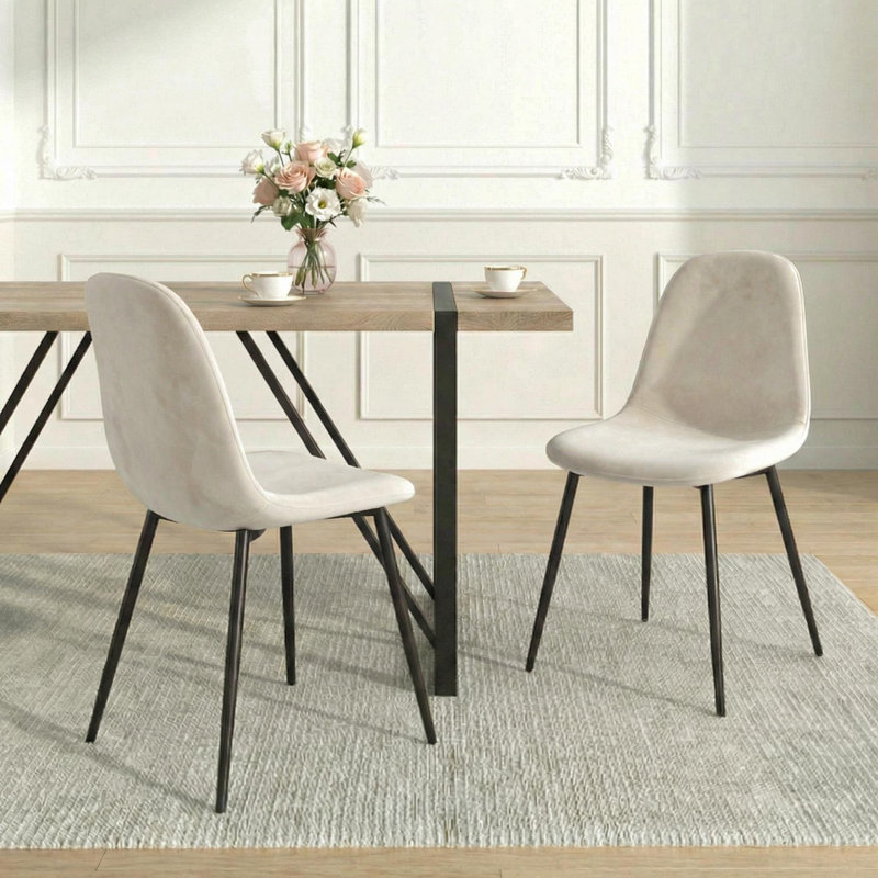 Set Of 4 Velvet Upholstered Dining Chairs With Black Metal Legs, Beige