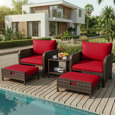 5-Piece Patio Conversation Set, Outdoor PE Wicker Rattan Lounge Chairs with Cushions, 2 Ottomans & Glass Table for Balcony & Porch