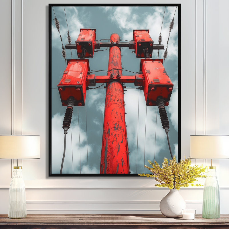 Red Black Urban Electric Power Lines I - impression d'art mural lignes électriques, Cadre flottant noir