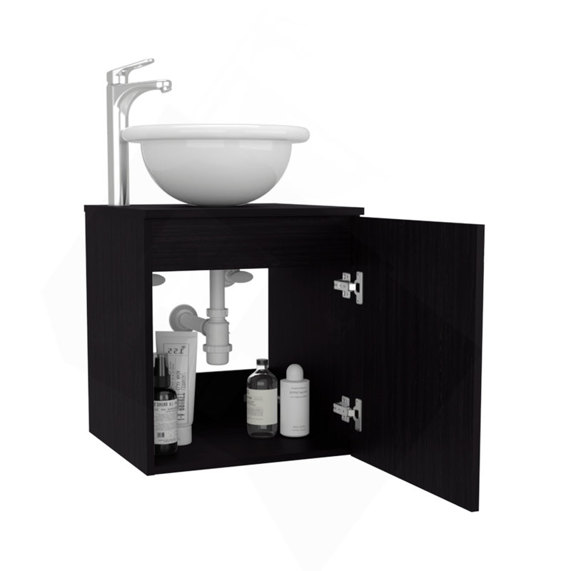 Clyde Floating, Wide One-Door Cabinet Vanity, With Wessel Sink And One Shelf, Bathroom Storage, Black, Black