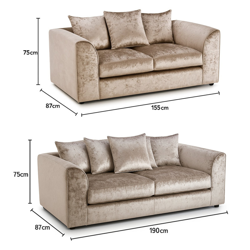 100% Crushed Velvet 3 and 2 Seater Sofas Sets Upholstered Living Room Sets, Beige