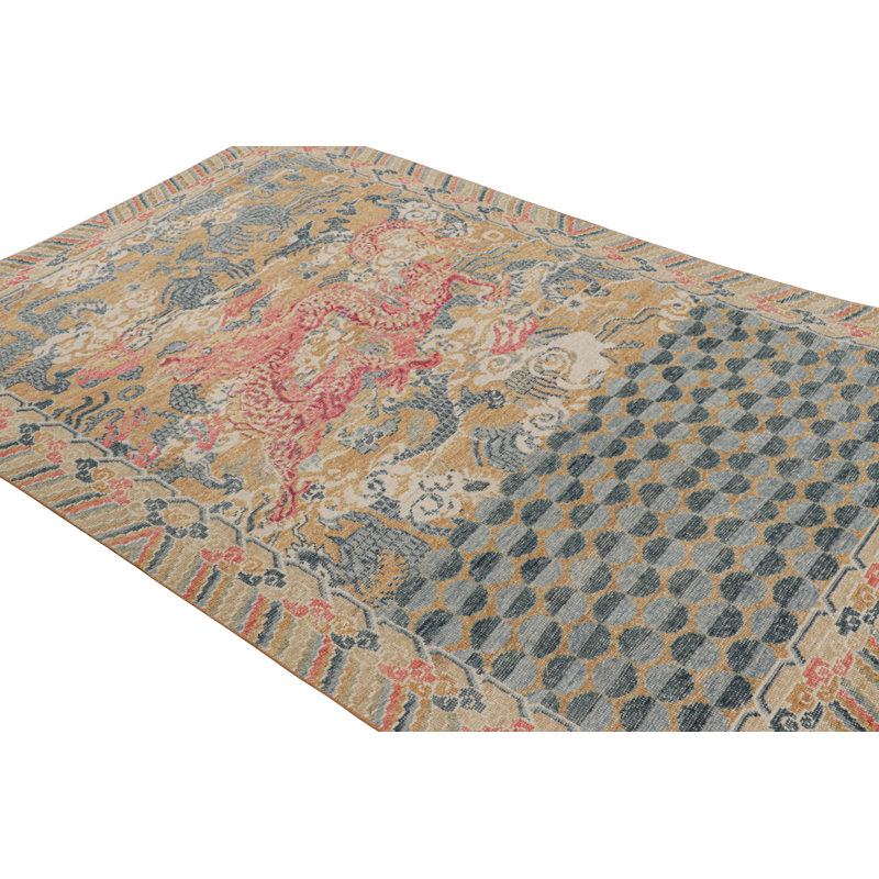 Rug & Kilim’S Distressed Dragon Rug In Blue, Ochre And Red Pictorial Patterns, Rectangle 6'2" x 9'