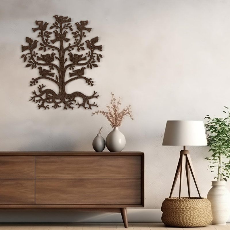 Décoration murale en métal Folksy Tree and Birds, H 30 po x l 25,64 po x P 0,05 po, Brun
