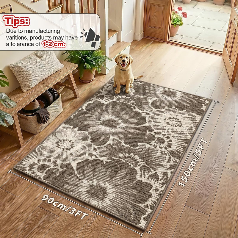 Tapis d'entrée lavable et antidérapant à motif floral, Brun, L 36 po x L 60 po