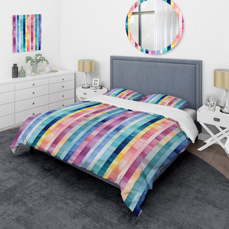 Watercolor Dreams Pink Striped Pattern - Ensemble de housse de couette à rayures