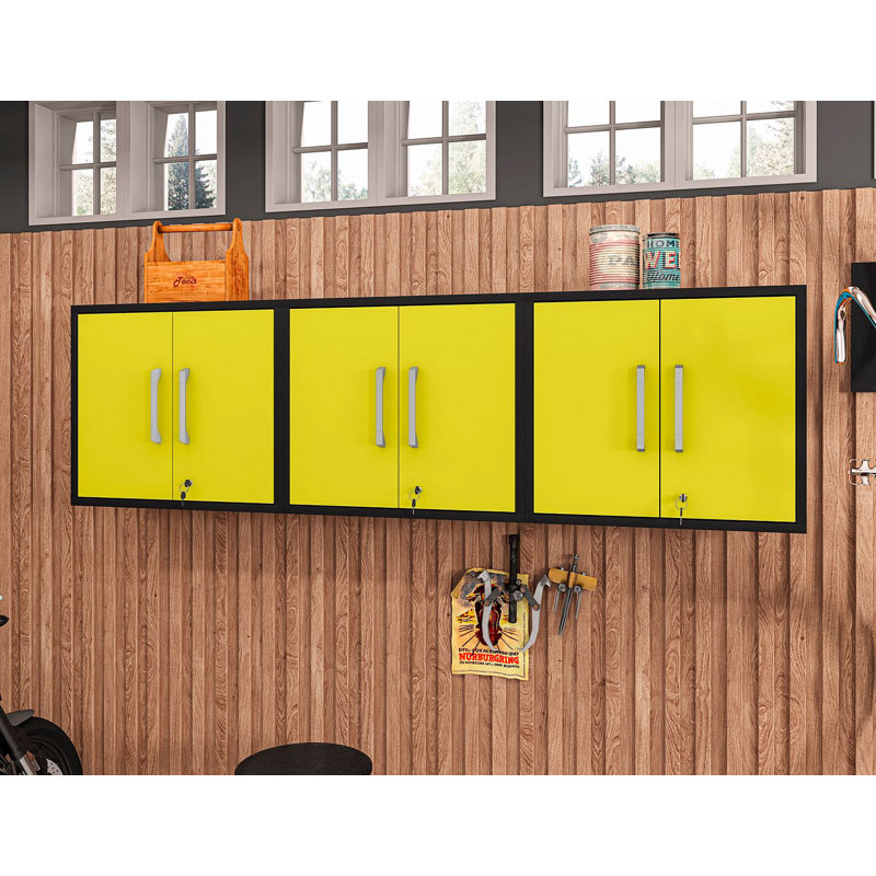Armoire de garage flottante moderne Eiffel 28 "avec tablettes amovibles Eiffel, Noir mat / jaune