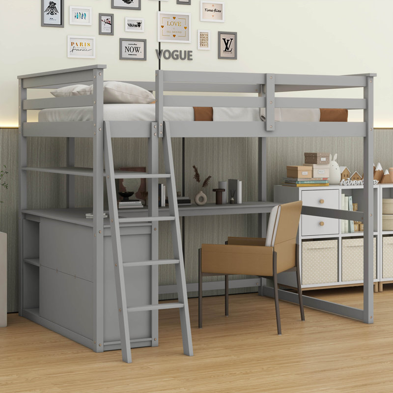 Multifunction Wooden Loft Bed With Desk And Shelves,Two Built-In Drawers, Gray, Full