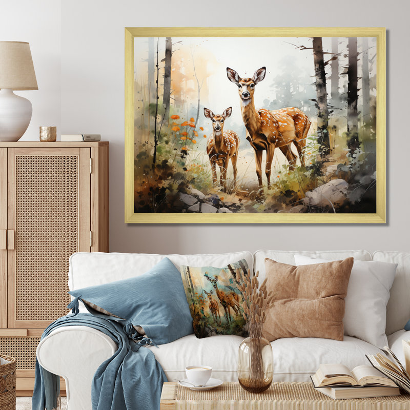 Deers Whispering Woods II sur impression sur toile, H 24 po x l 32 po x P 1 po, Cadre doré à une seule photo