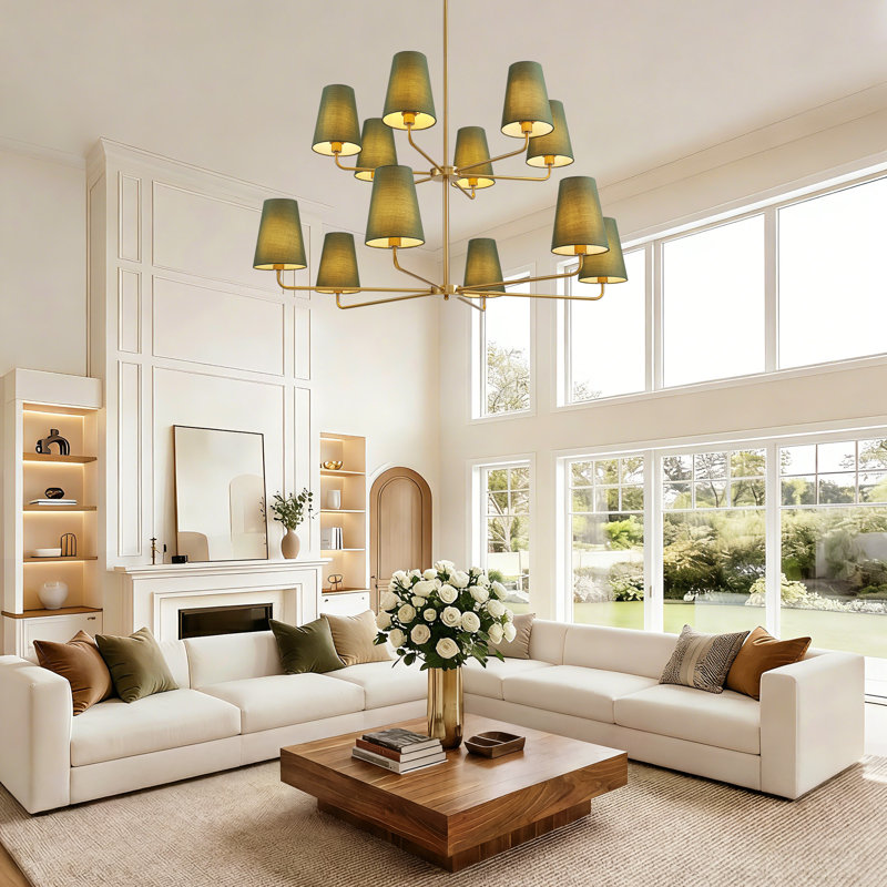 Abbiney 12-Light Dimmable Metal Tiered Chandelier with Linen Shades