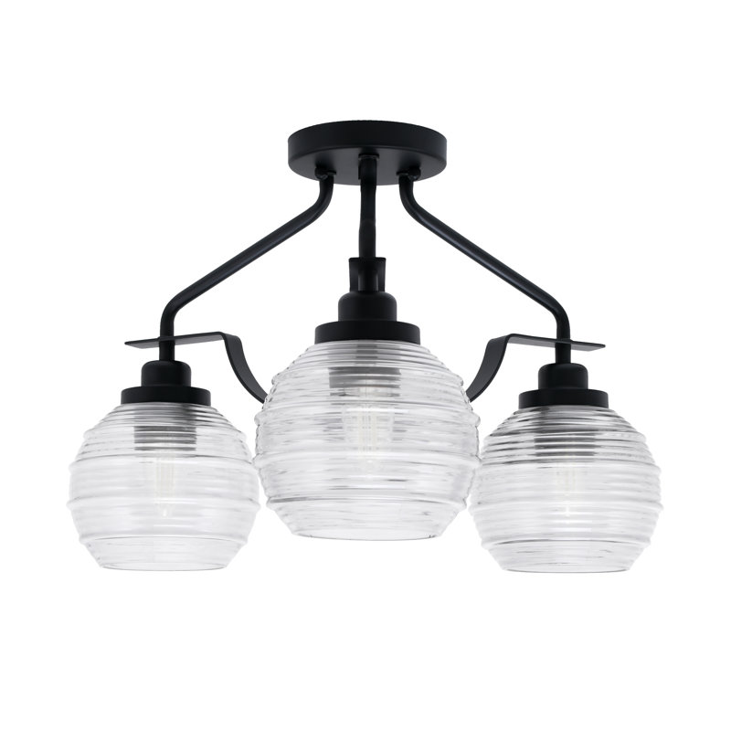 Odyssey 3 Light Semi-Flush Shown In Matte Black Finish With 6" Clear Ribbed Glass