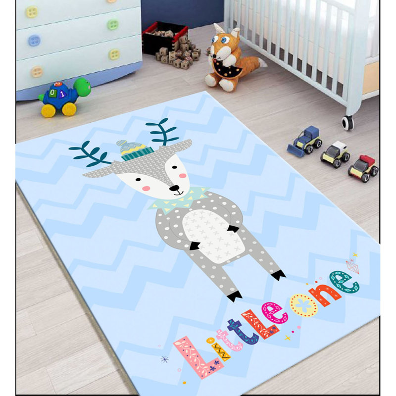 Tapis tissé à la machine rectangulaire en polyester bleu clair / gris clair Thoms, Rectangle 4 pi 11 po x 7 pi 7 po