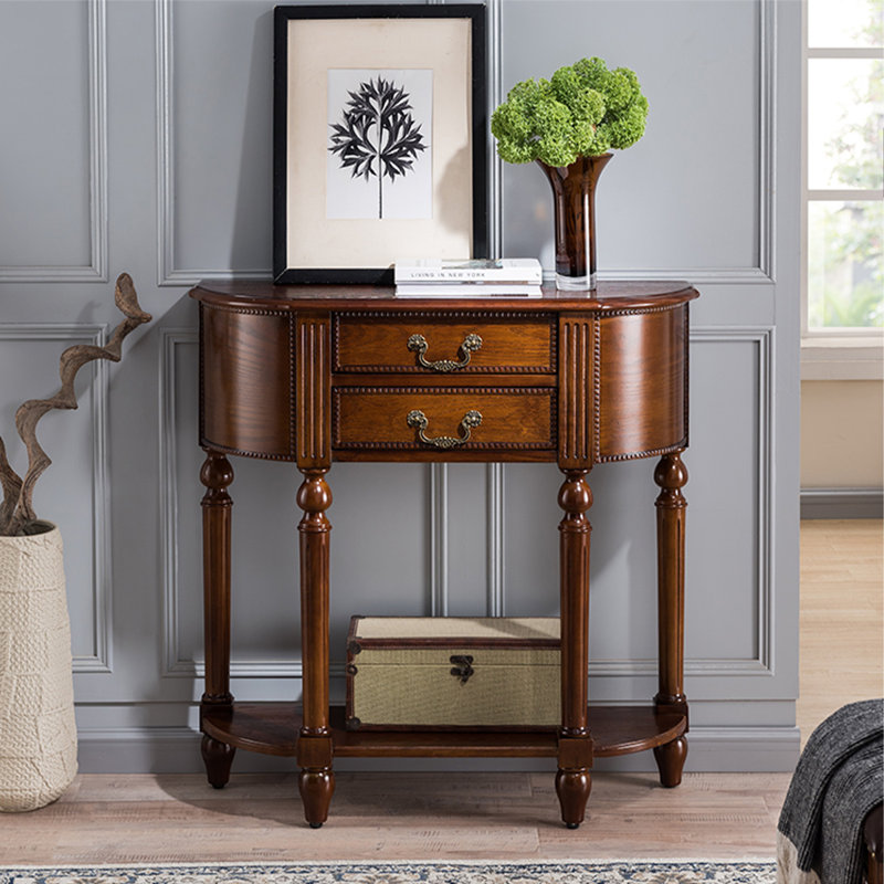 Console demi-cercle en bois massif brun noisette, H 35,43 po x L 35,43 po x l 11,81 po, Brun noyer