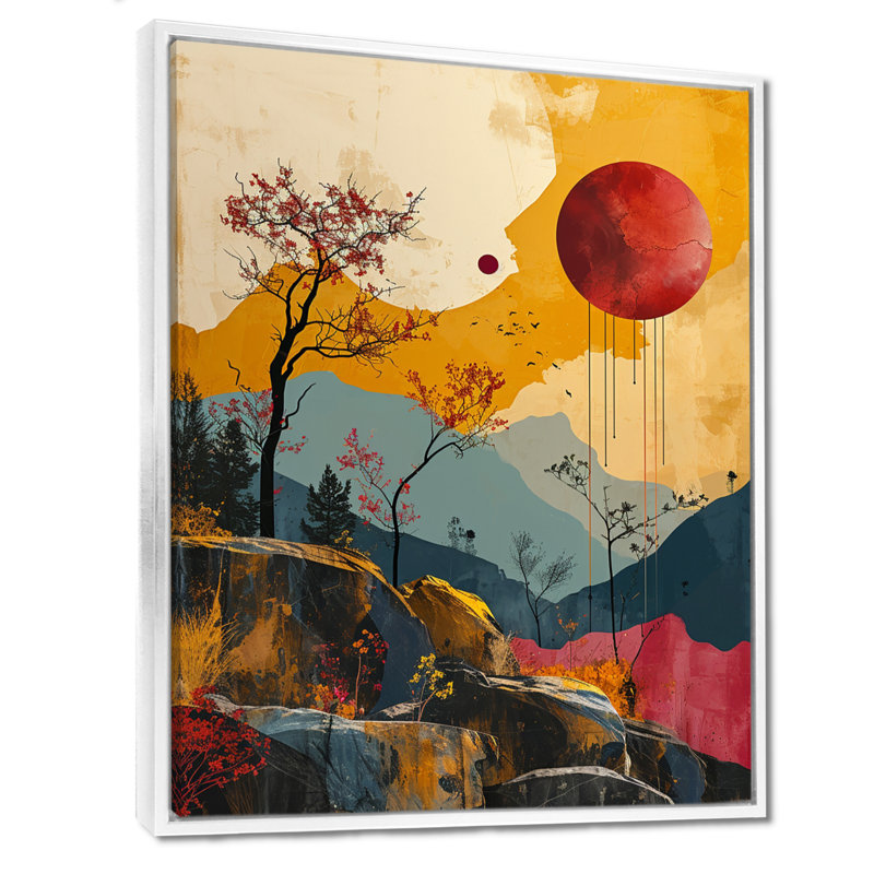 Red Moon Mountain, collage rétro - paysage abstrait, art mural, Toile tendue, H 20 po x l 12 po