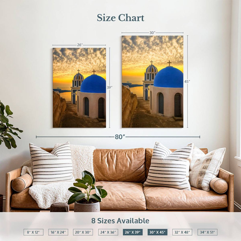 Adella Santorini, églises au crépuscule, H 39 po x l 26 po