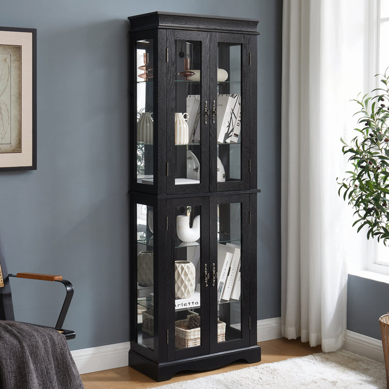 Lighted Glass Curio Display Cabinet with Wood Frame, Elegant Storage for Wine, Toys, and Collectibles, Perfect for Living Room, Kitchen, and Pantry, Bulb Included, Black