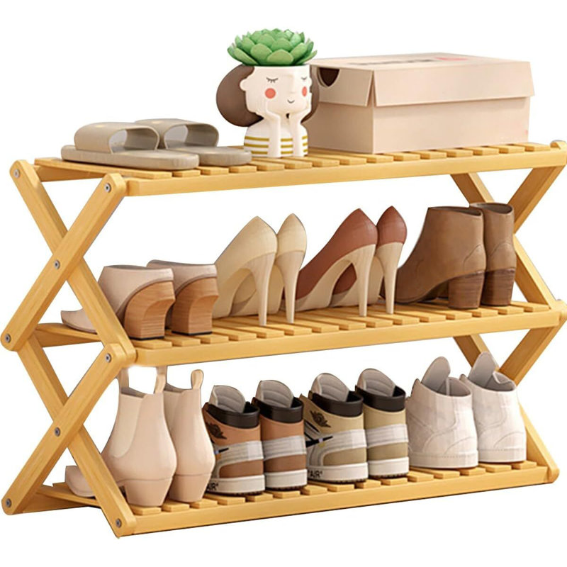 Bamboo 3-Tier Foldable Shoe Rack for Entryway Storage and Organization, Nature