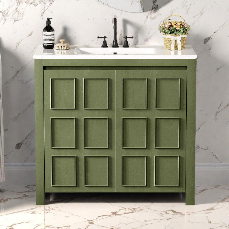 Meuble-lavabo 36 po avec lavabo en céramique et grande armoire de rangement, Vert olive / blanc